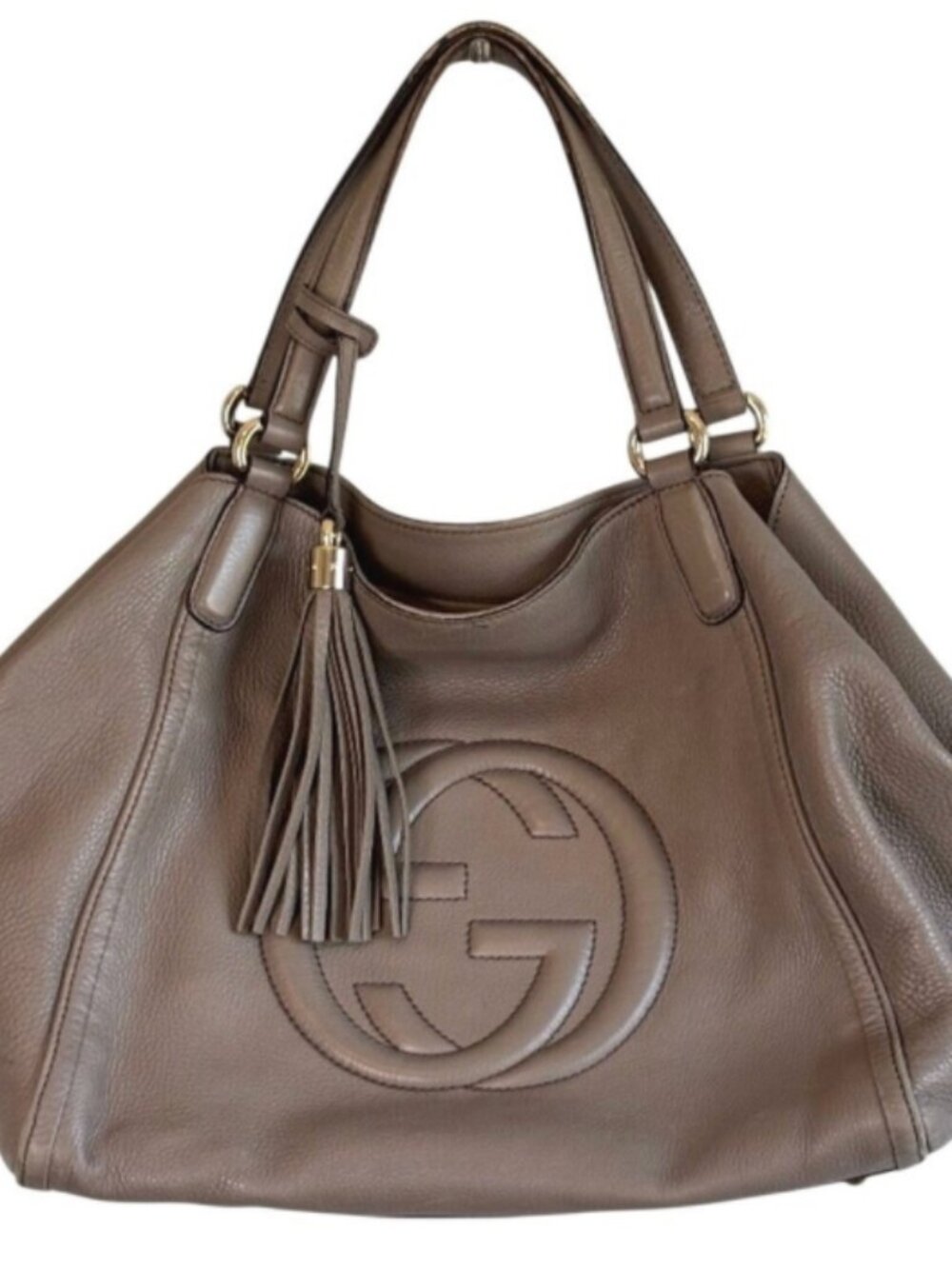 GUCCI Soho Medium Leather Tote Bag Gray Taupe Pebbled GG Tassel Luxury Consign